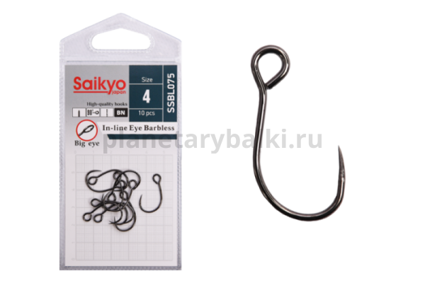 Крючки Saikyo SSBL075-BN IN-LINE EYE BARBLESS №4, 10шт.