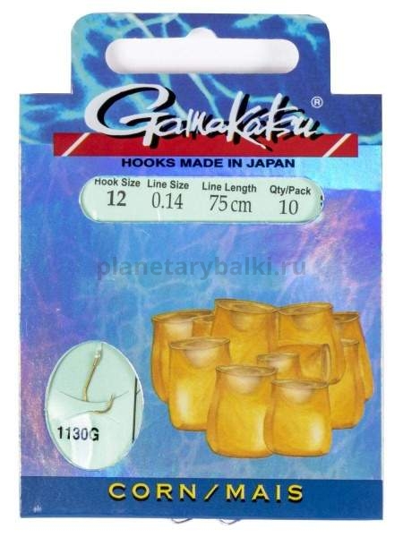 Крючки с поводком Gamakatsu Booklet CORN 1130G №12, 0.14мм, 75см, 10шт.