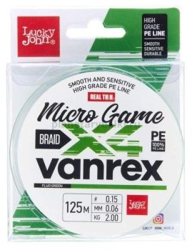 Шнур плетёный Lucky John Vanrex MICRO GAME х4 BRAID Fluo Green 125м, 0,06мм, 2кг