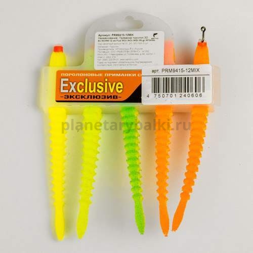 Приманки поролоновые Россия 3D Ex WORM FLUO MIX под офсетный крючок №1/0, 2/0, 3/0, 12см, 5шт.