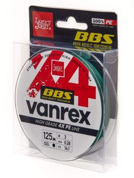 Шнур плетёный Lucky John Vanrex BBS х4 BRAID Moss Green 125м, 0,28мм, 14,1кг