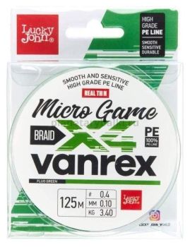 Шнур плетёный Lucky John Vanrex MICRO GAME х4 BRAID Fluo Green 125м, 0,10мм, 3,4кг