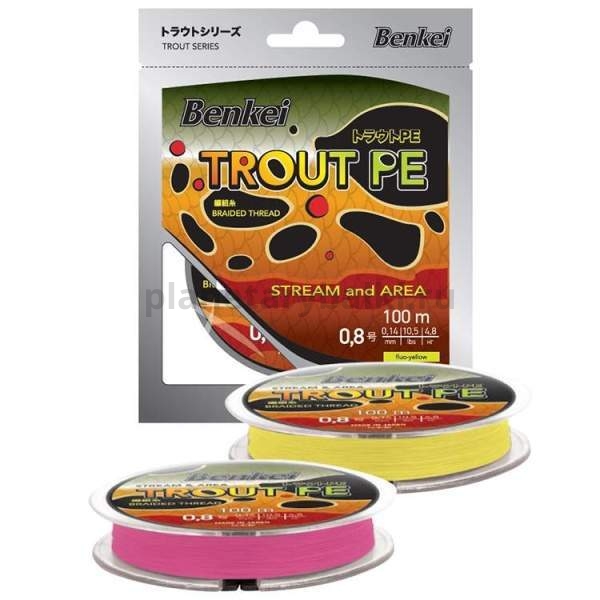 Плетеный шнур Benkei Trout PE 100м, 0,104мм, 3,1кг, #0,4 желтый fluo