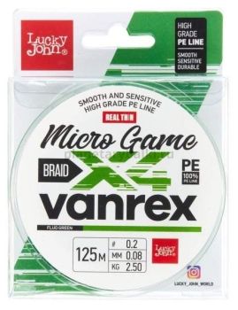 Шнур плетёный Lucky John Vanrex MICRO GAME х4 BRAID Fluo Green 125м, 0,08мм, 2,5кг