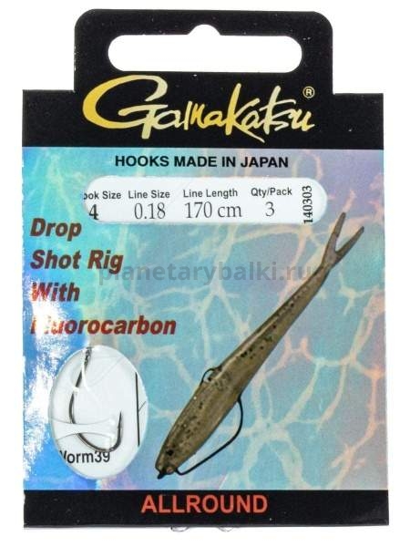 Крючки с поводком Gamakatsu Booklet DROPSHOT WORM39 №04, 0.18мм, 170см, 3шт.