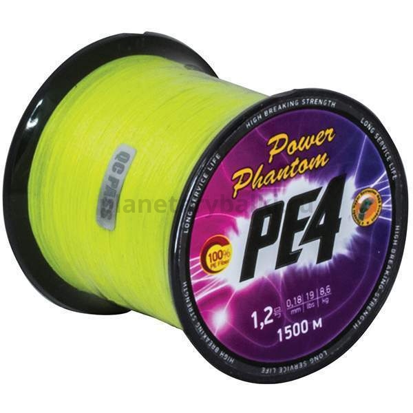 Плетеный шнур Power Phantom PE4 1500м, 0,18мм, 8,6кг, #1,2 флуоресцентный желтый