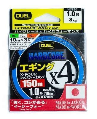 Плетеный шнур Duel PE Hardcore X4 Eging 150м, 0.132мм, 5.4кг, #0.6 3Color