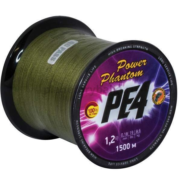 Плетеный шнур Power Phantom PE4 1500м, 0,25мм, 13,6кг, #2,5 зеленый