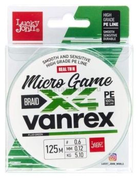 Шнур плетёный Lucky John Vanrex MICRO GAME х4 BRAID Fluo Green 125м, 0,12мм, 5,1кг