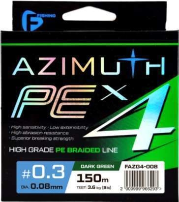 Шнур плетеный F-FISHING Azimuth PE X4 150м, 0,14мм, 7,7кг/17lb, цвет Dark Green